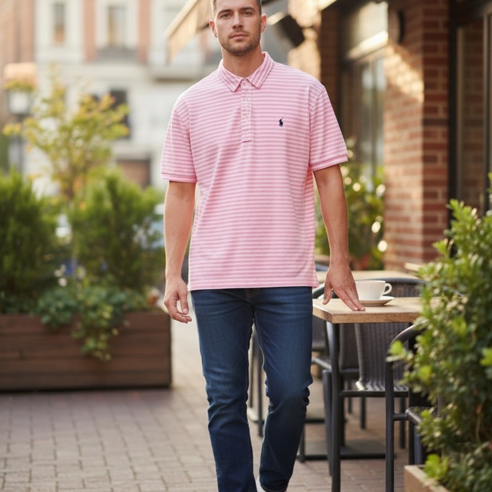 Polo Ralph Lauren XL Pink & White Striped Shirt Featherweight Mesh Cotton